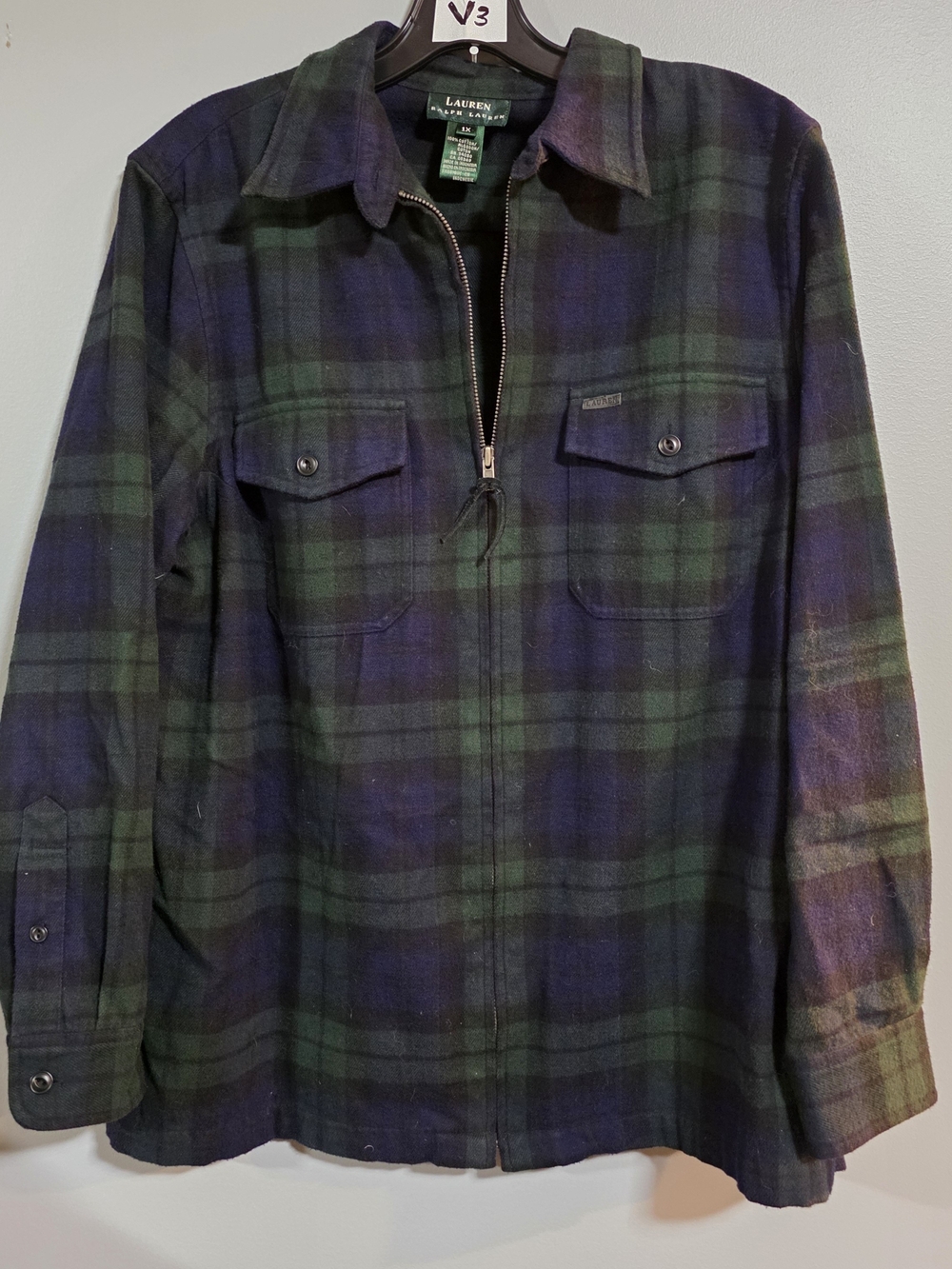 Lauren Ralph Lauren Navy and Forest Green Plaid Zip-Up Flannel